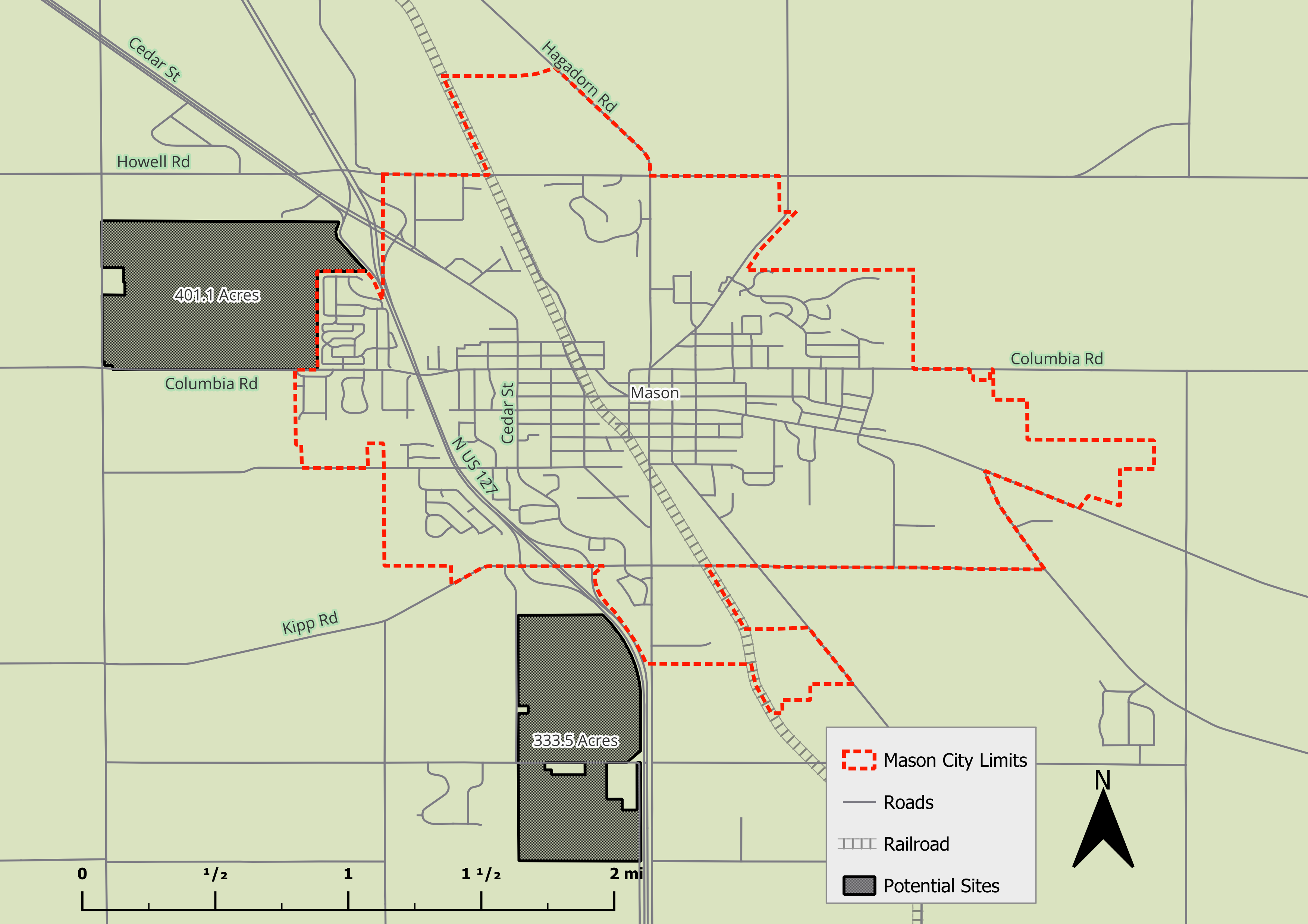 Map showing potential data center sites in Mason area